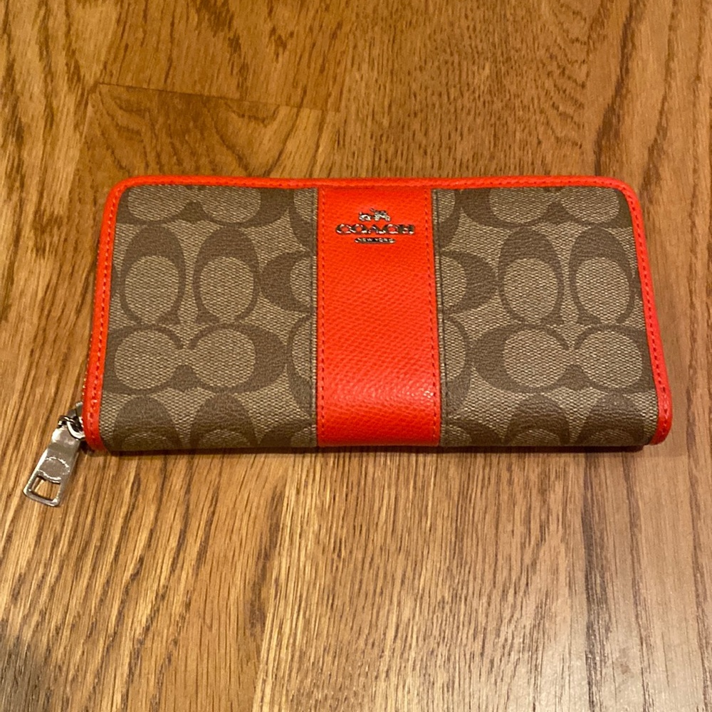 Coach brown and orange logo zip wallet